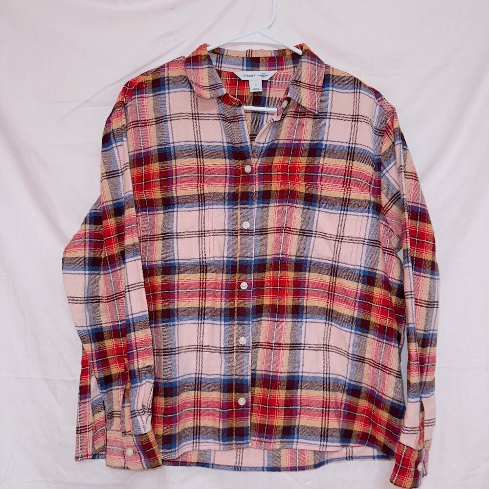 Old Navy NWT Red Plaid Long Sleeve Button Front Boyfriend Shirt size medium